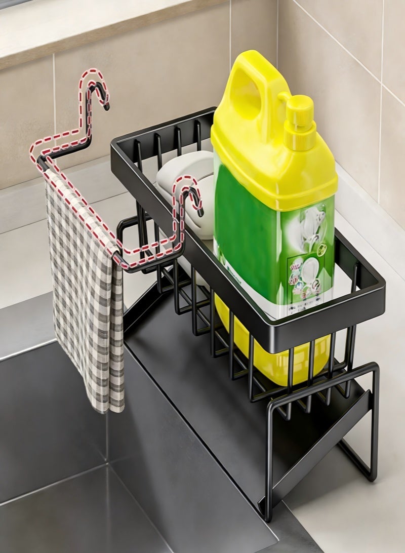 Dish Drying Rack, Kitchen Sink Storage Rack, Kitchen Sponge Holder, Rod Sink Drying Drainer Rack, Sink Caddy with Tilting Auto Drain Pan, Bathroom Storage Rack, For Bathroom and Kitchen Supplies（Gray with Removable Towel Rack） - Image 4